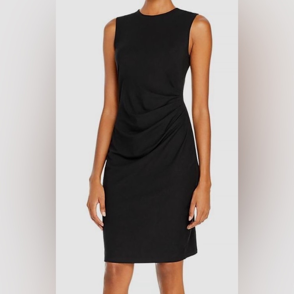 Theory Women's Black Crew-Neck Sleeveless Draped Front Sheath Dress